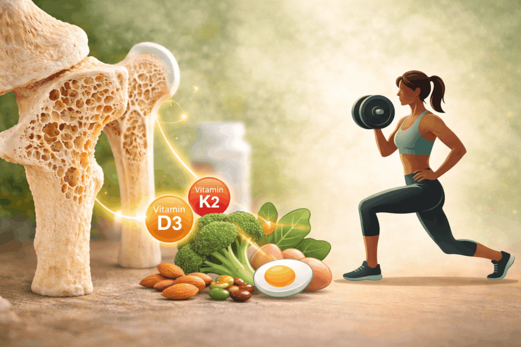 Osteoporose und Knochengesundheit – Symbolbild mit Knochenstruktur, Krafttraining und Vitamin D als wichtige Faktoren für stabile Knochen