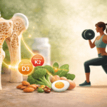 Osteoporose und Knochengesundheit – Symbolbild mit Knochenstruktur, Krafttraining und Vitamin D als wichtige Faktoren für stabile Knochen