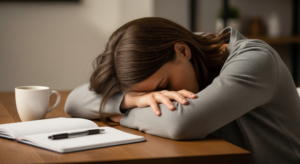 Muedigkeit-Schlaf_Frau-am-Tisch
