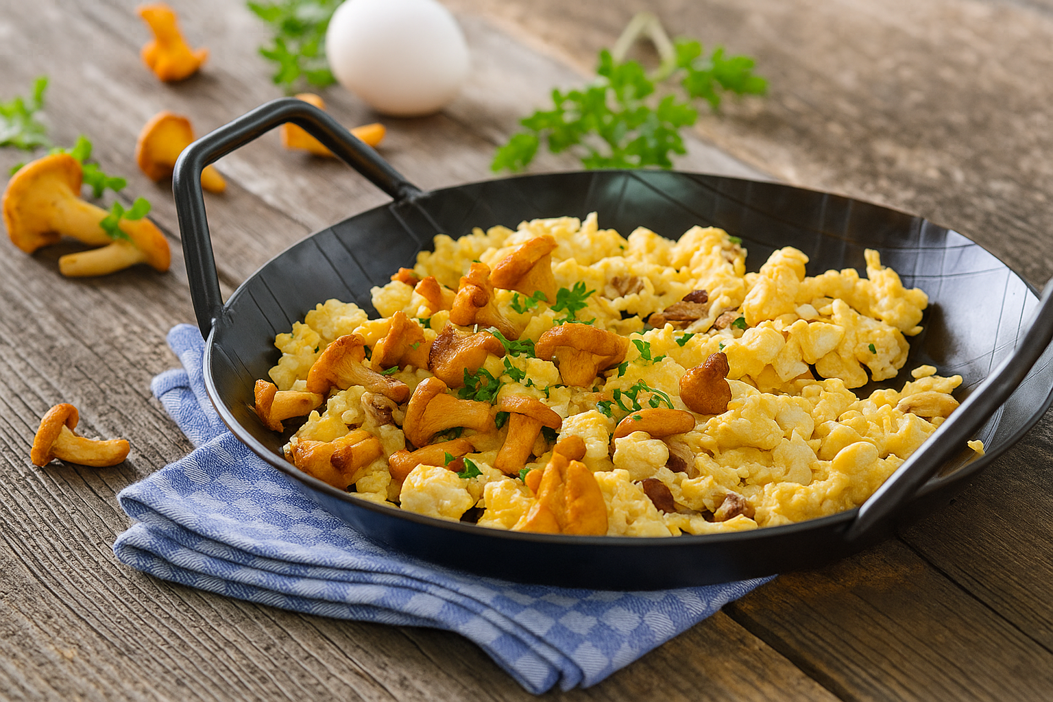 eine Pfanne mit Rührei und Pilzen auf einem Holztisch