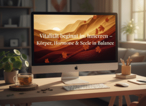 Gemütlicher Schreibtisch mit Laptop, großem Bildschirm, Holzelementen, Pflanze und Tasse in warmem Licht.