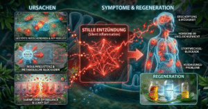Ganzheitliche Darstellung einer Frau mit Entzündungsherden in Organen und Gelenken, kombiniert mit einer mikroskopischen Ansicht geschädigter Mitochondrien als Ursache für Energiemangel.