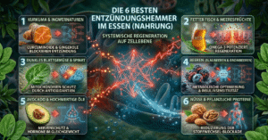 Infografik über die 6 besten entzündungshemmenden Lebensmittel: Kurkuma, fettreicher Fisch, dunkles Blattgemüse, Beeren, Avocado und Nüsse. Die Grafik zeigt die Wirkung auf Zellebene (Mitochondrien) und die systemische Regeneration des Körpers.