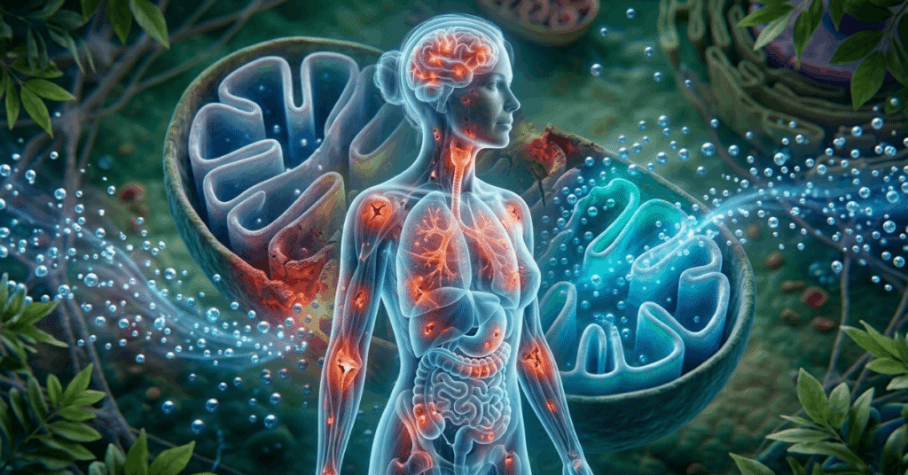 Infografik zu Stillen Entzündungen: Links eine Frau mit markierten Entzündungsherden in Gehirn, Schilddrüse, Darm und Gelenken. Rechts die Detailansicht eines Mitochondriums, das den Energiestoffwechsel (ATP) und die zelluläre Regeneration verdeutlicht.