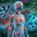 Infografik zu Stillen Entzündungen: Links eine Frau mit markierten Entzündungsherden in Gehirn, Schilddrüse, Darm und Gelenken. Rechts die Detailansicht eines Mitochondriums, das den Energiestoffwechsel (ATP) und die zelluläre Regeneration verdeutlicht.