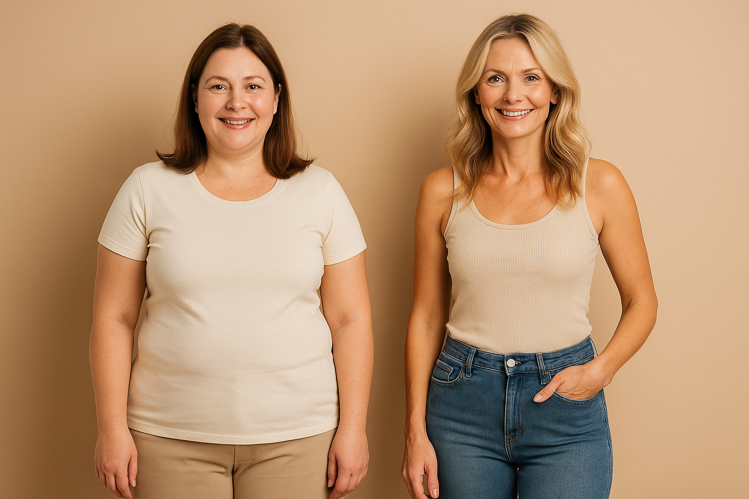 two women standing next to each other in front of a wall