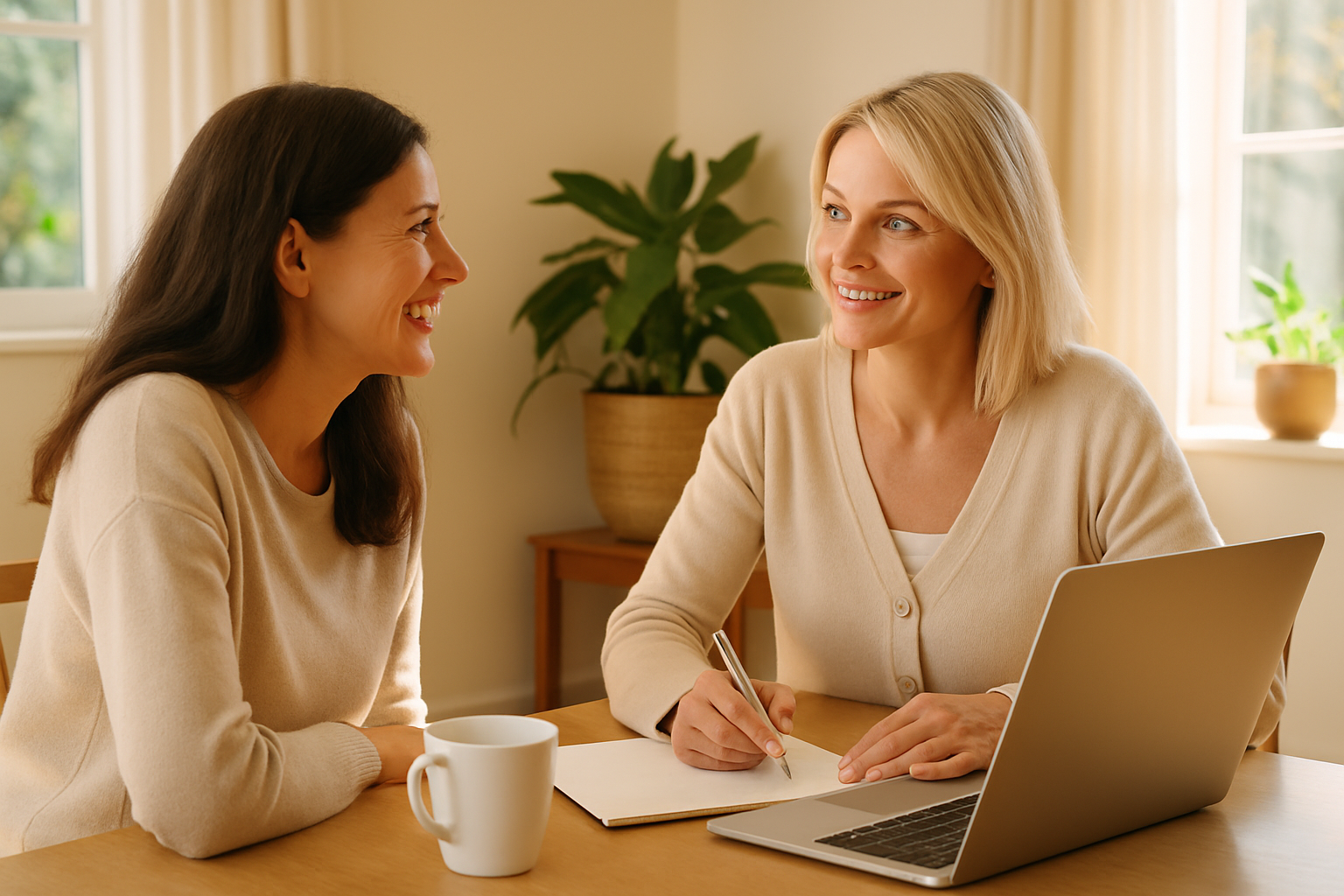 Individuelles Gesundheitscoaching – zwei Frauen sitzen am Tisch mit Laptop, Stift und Notizen und be