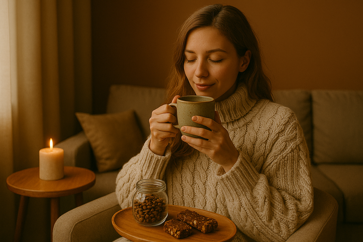 a woman sitting on a couch drinking coffee