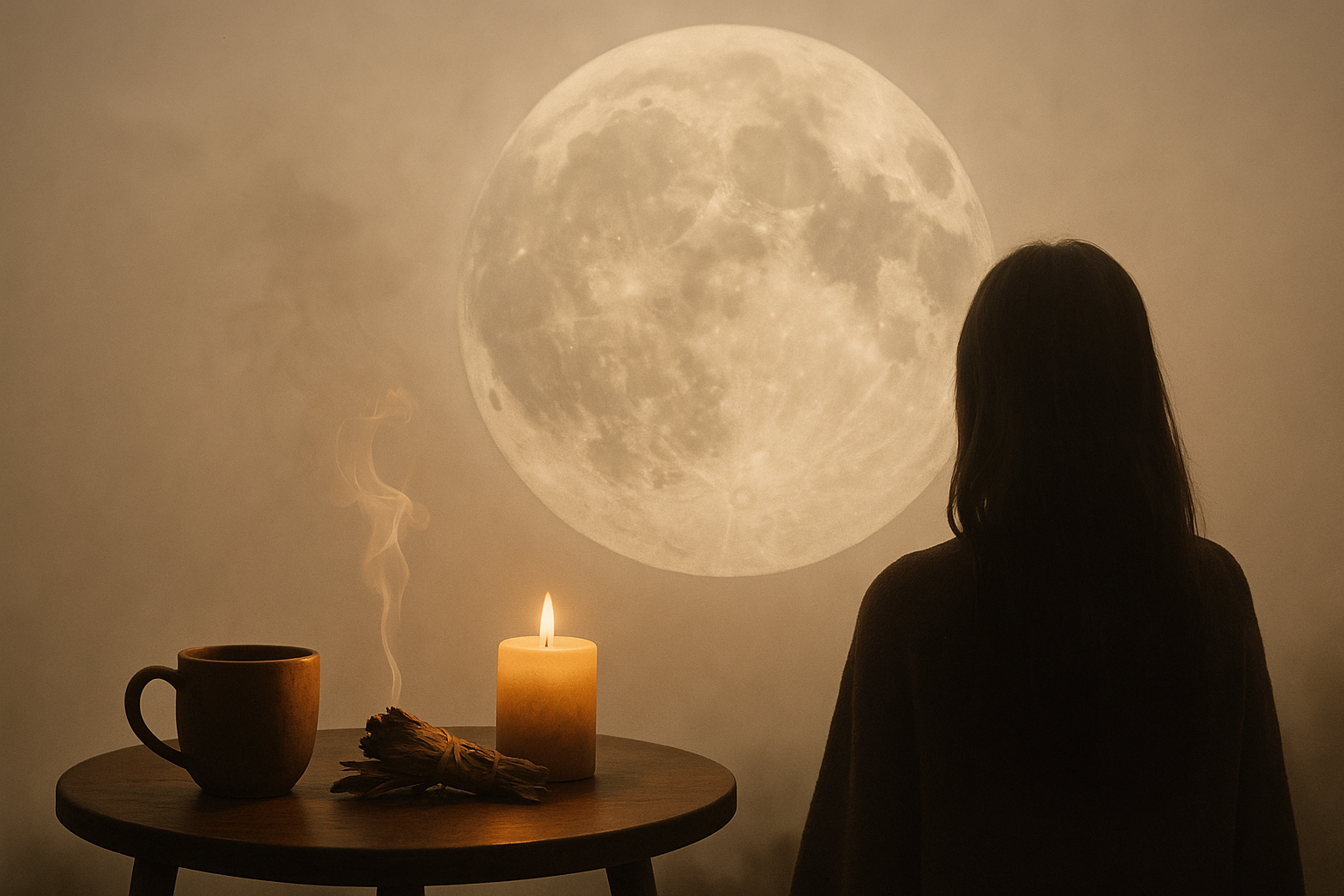 a woman standing in front of a large moon