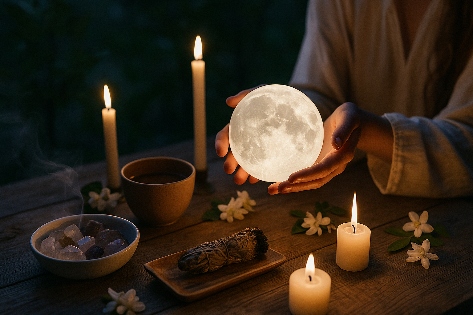 a person holding a moon shaped object in their hands