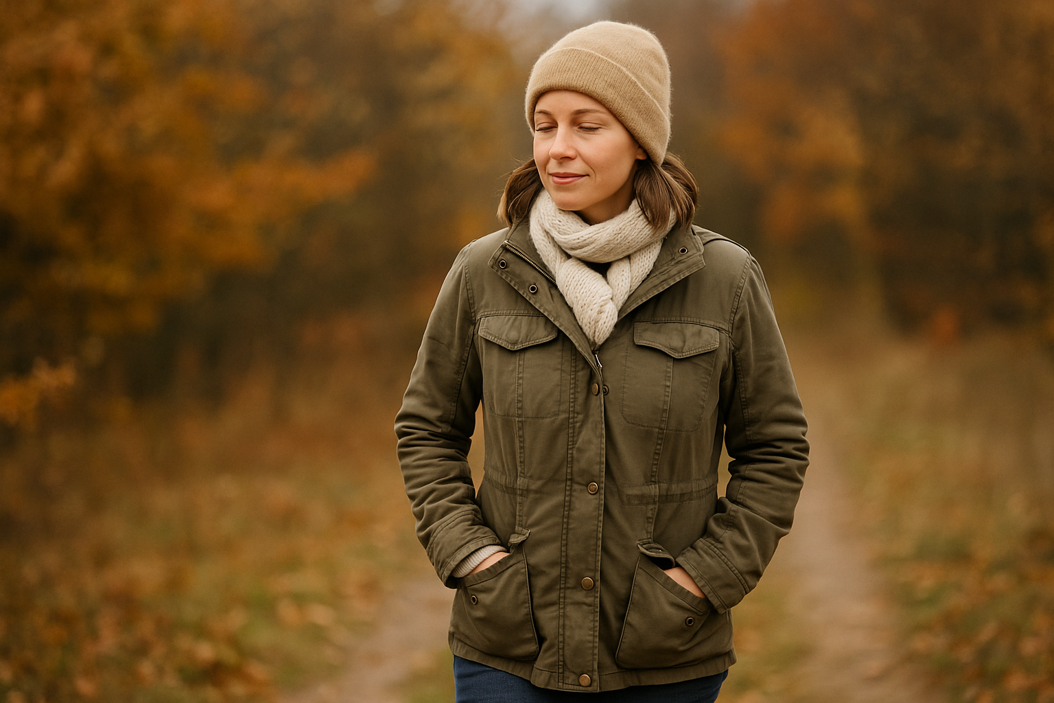 a woman in a green jacket and hat