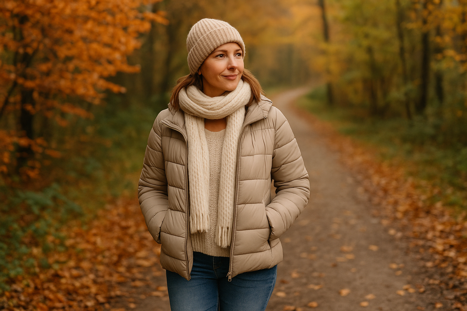 a woman in a beige coat and a white scarf