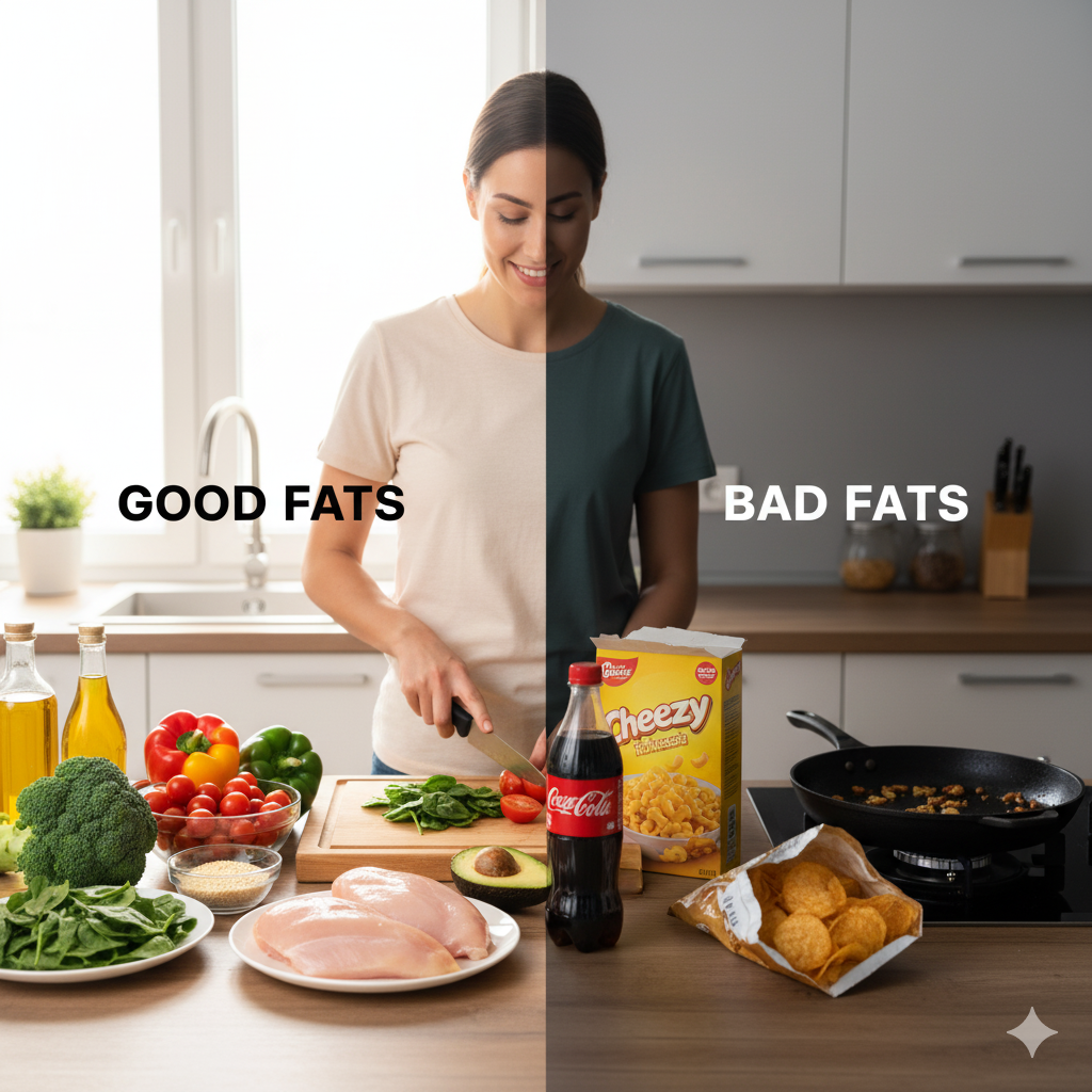 Ein Foto, das in zwei Hälften geteilt ist. Die linke Seite zeigt gesunde Zutaten wie Gemüse und Hühn