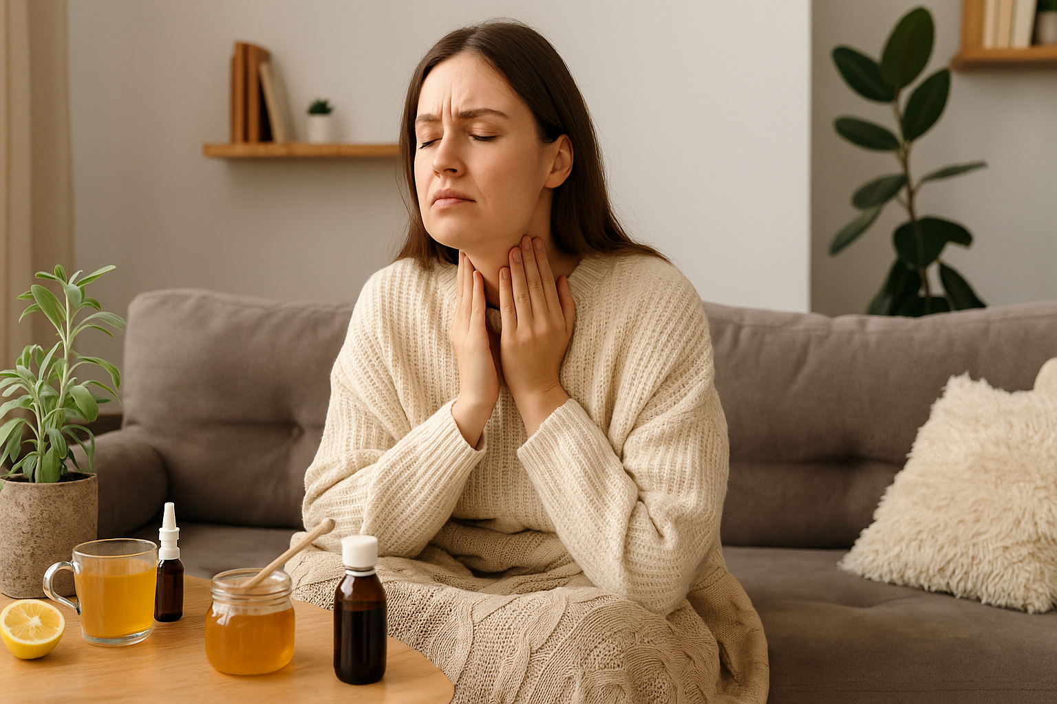 Frau mit Halsschmerzen trinkt Tee und nutzt Hausmittel mit Honig und Zitrone.