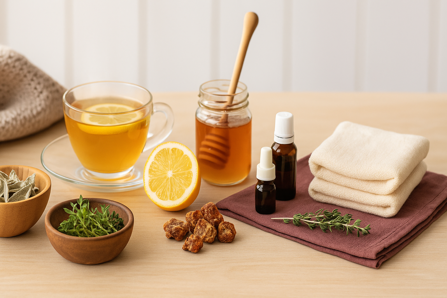 a table with a cup of tea and a bowl of honey