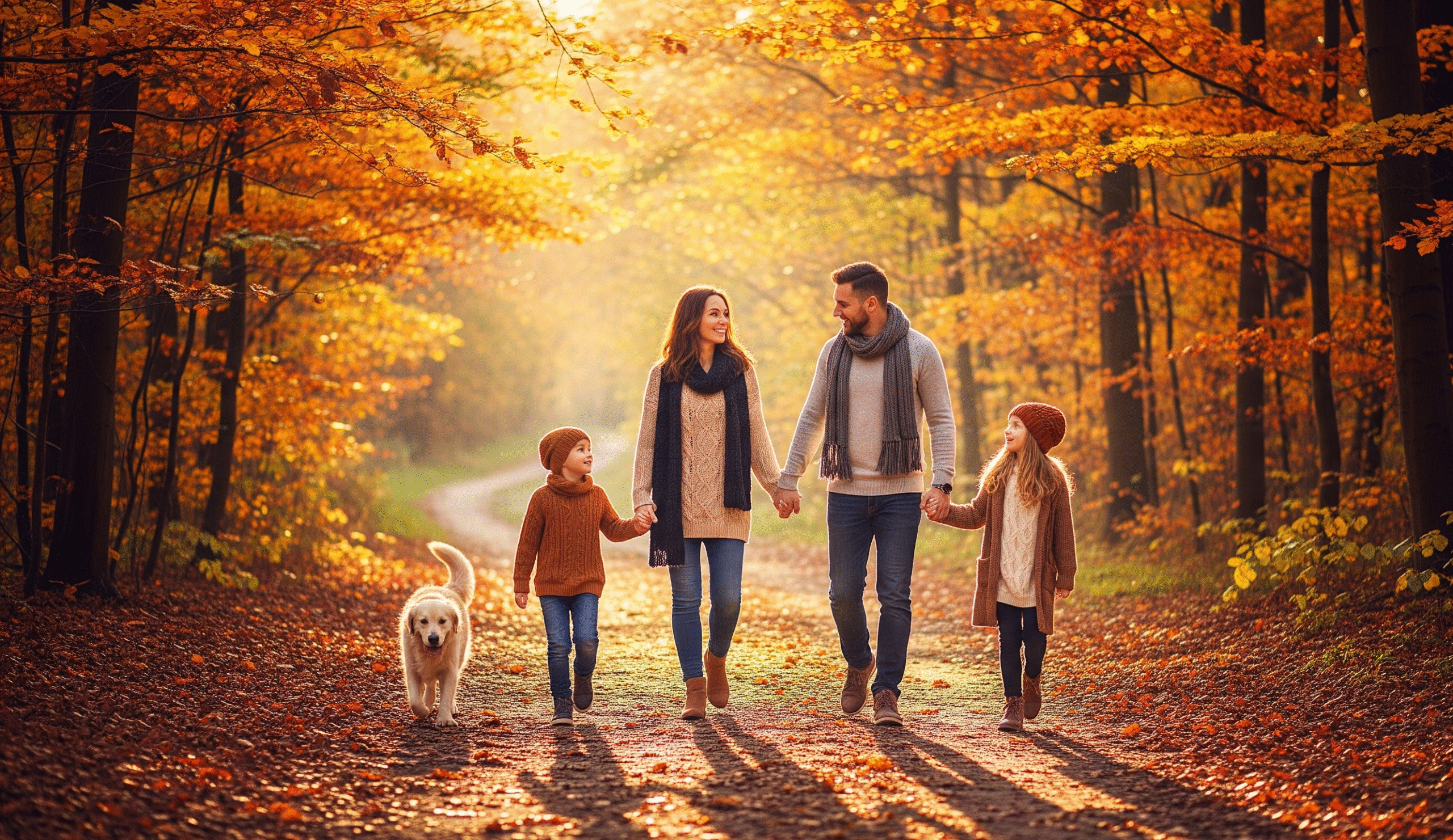 a family walking down a path in the woods