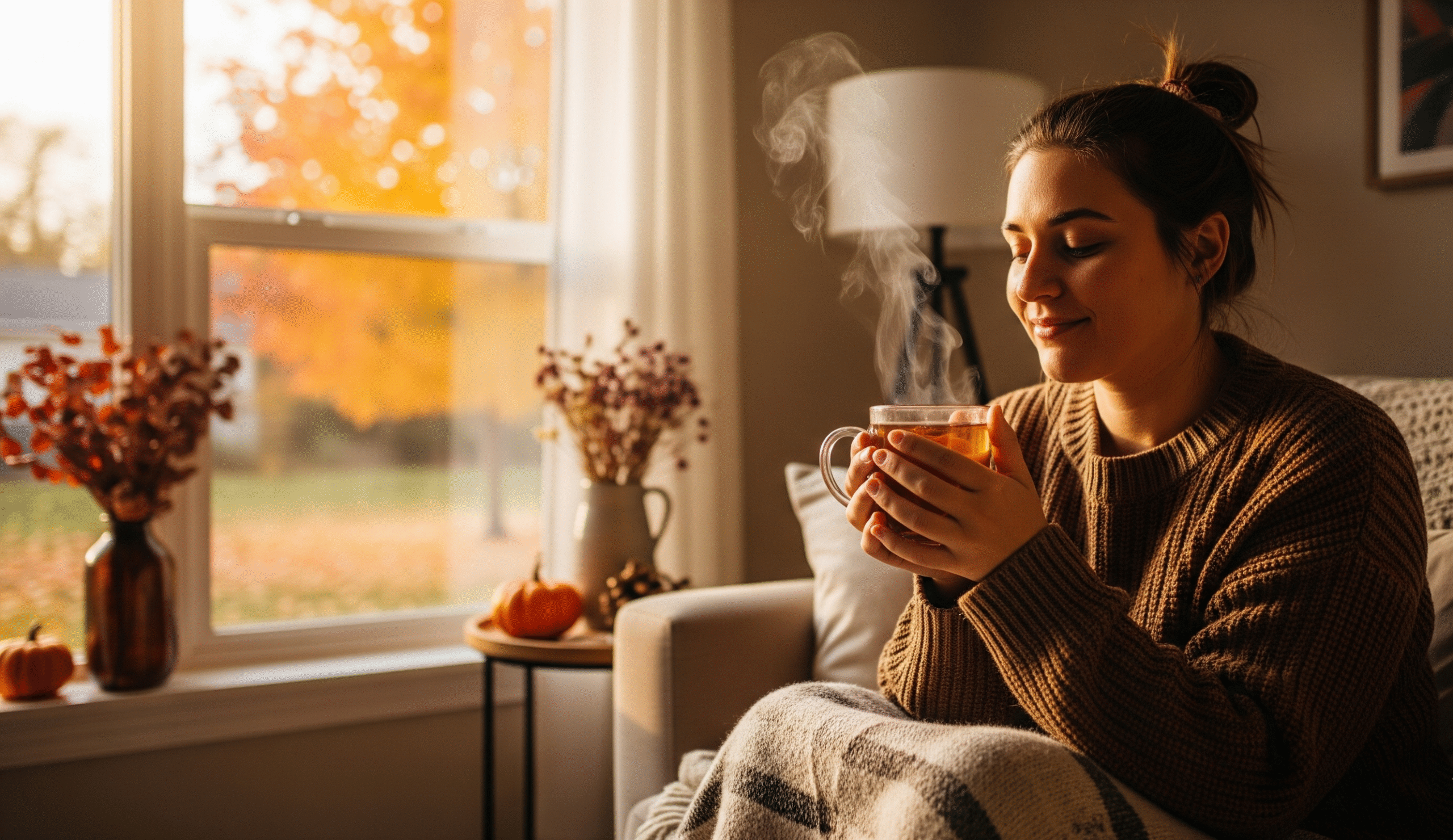 a woman sitting on a couch with a cup of tea
