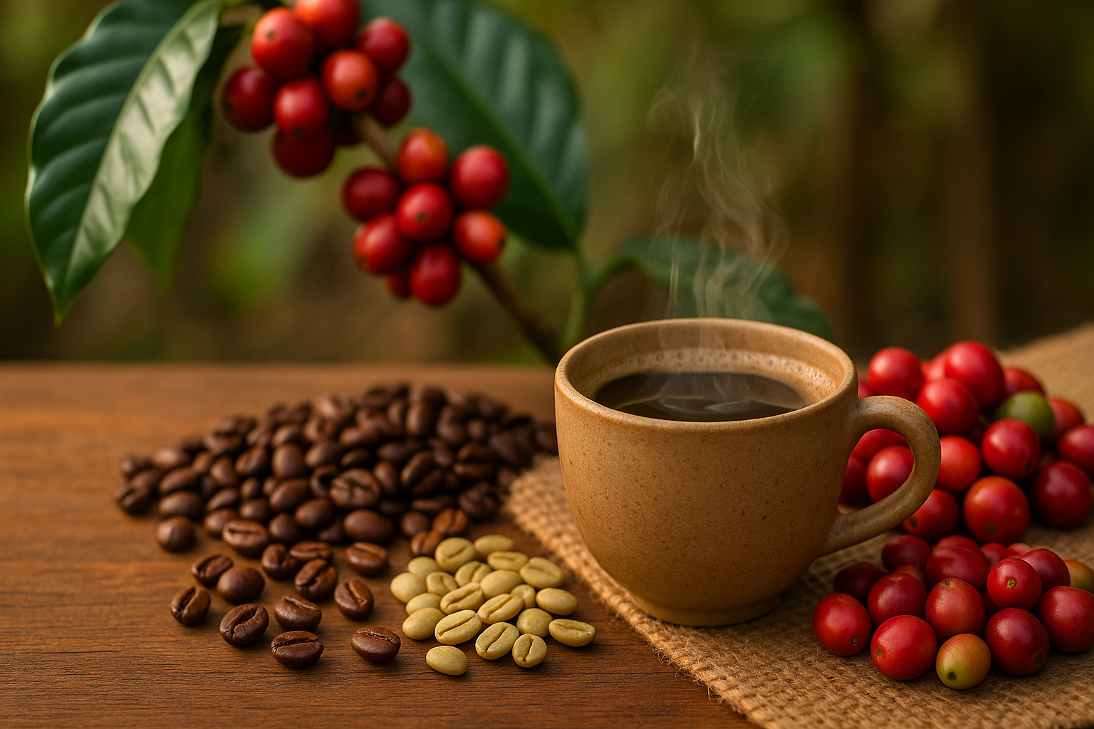 a cup of coffee with coffee beans and coffee beans