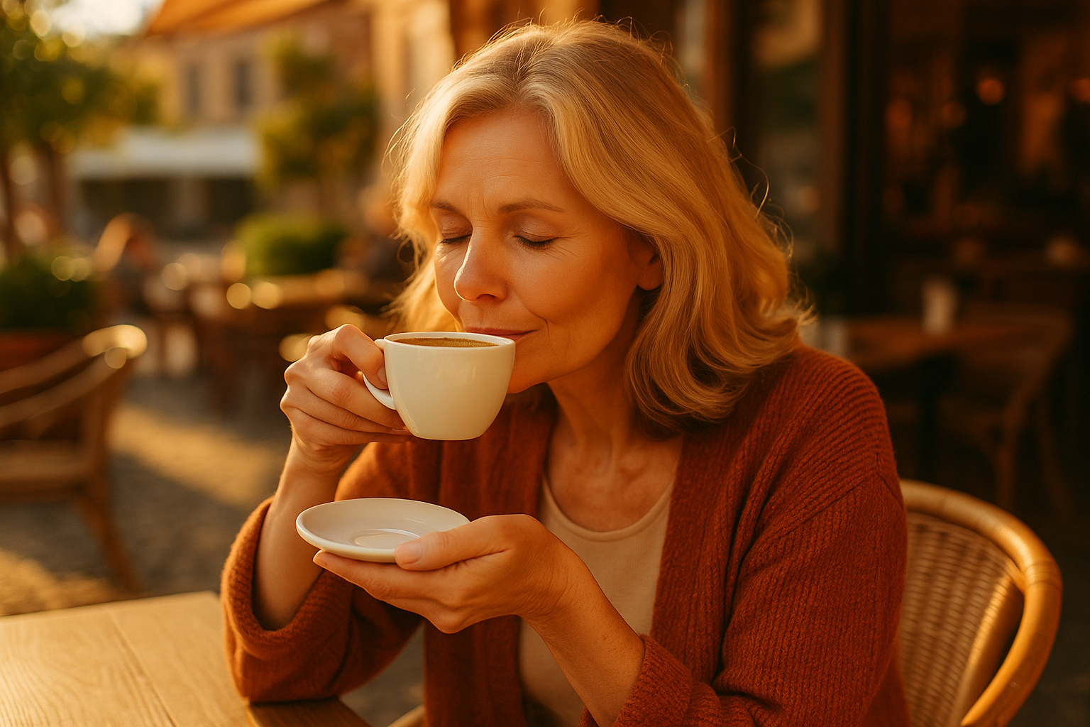 a woman drinking a cup of coffee in a cafe