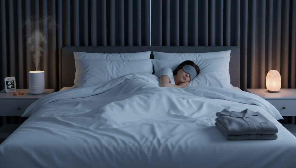 a woman is sleeping in a bed with a blindfold