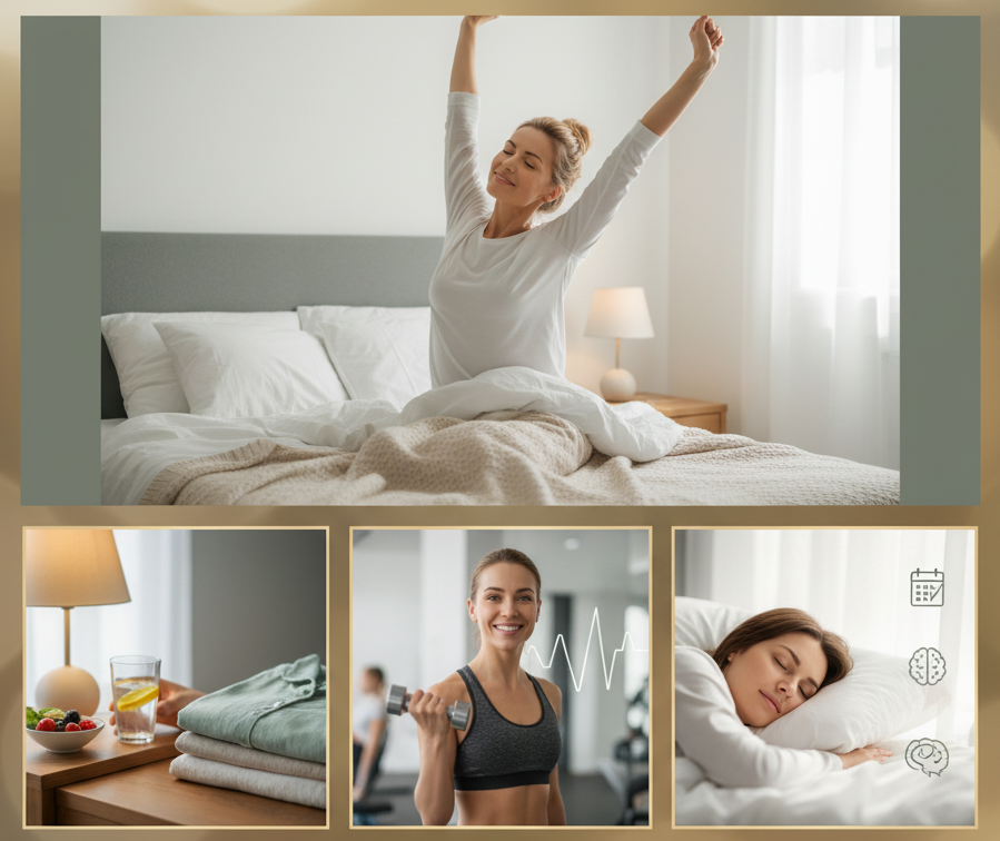 Ein dreigeteiltes Bild: oben eine Frau, die sich im Bett streckt; unten links Wasser, gesunde Snacks