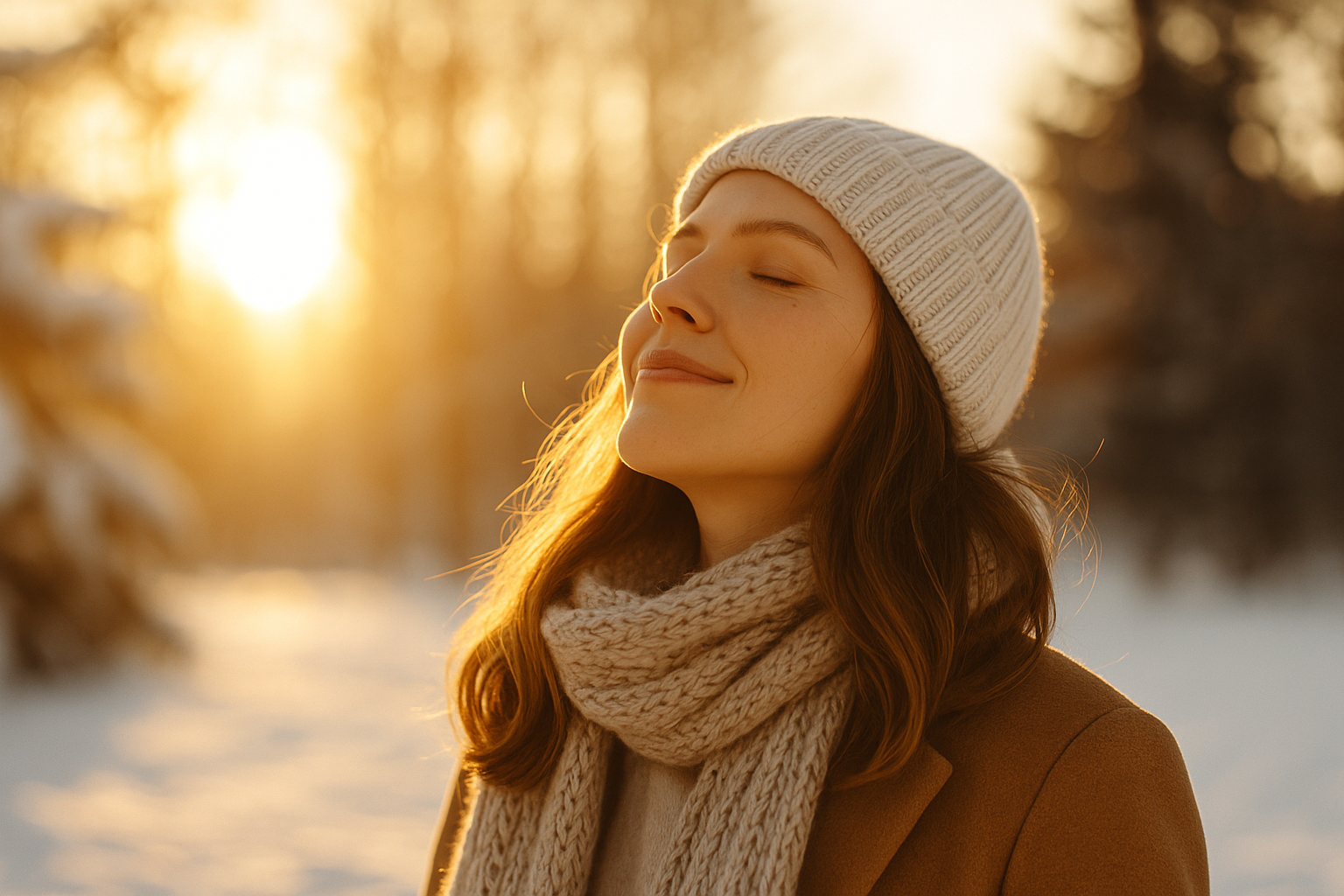 a woman in a hat and scarf on a snowy day
