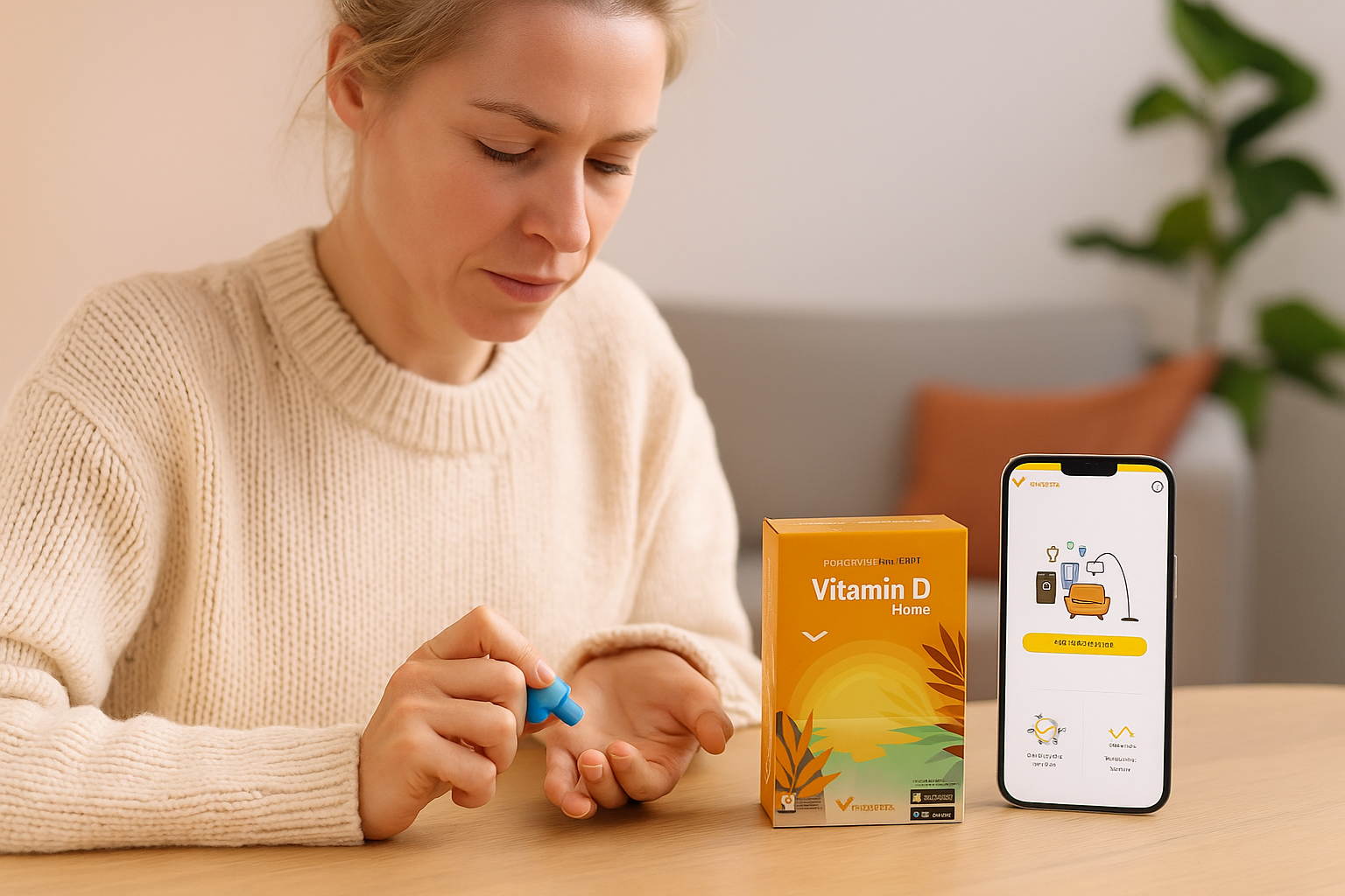 a woman sitting at a table with a bottle of vitamin d's vitamin d