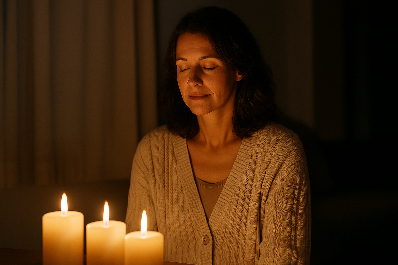 a woman sitting at a table with candles
