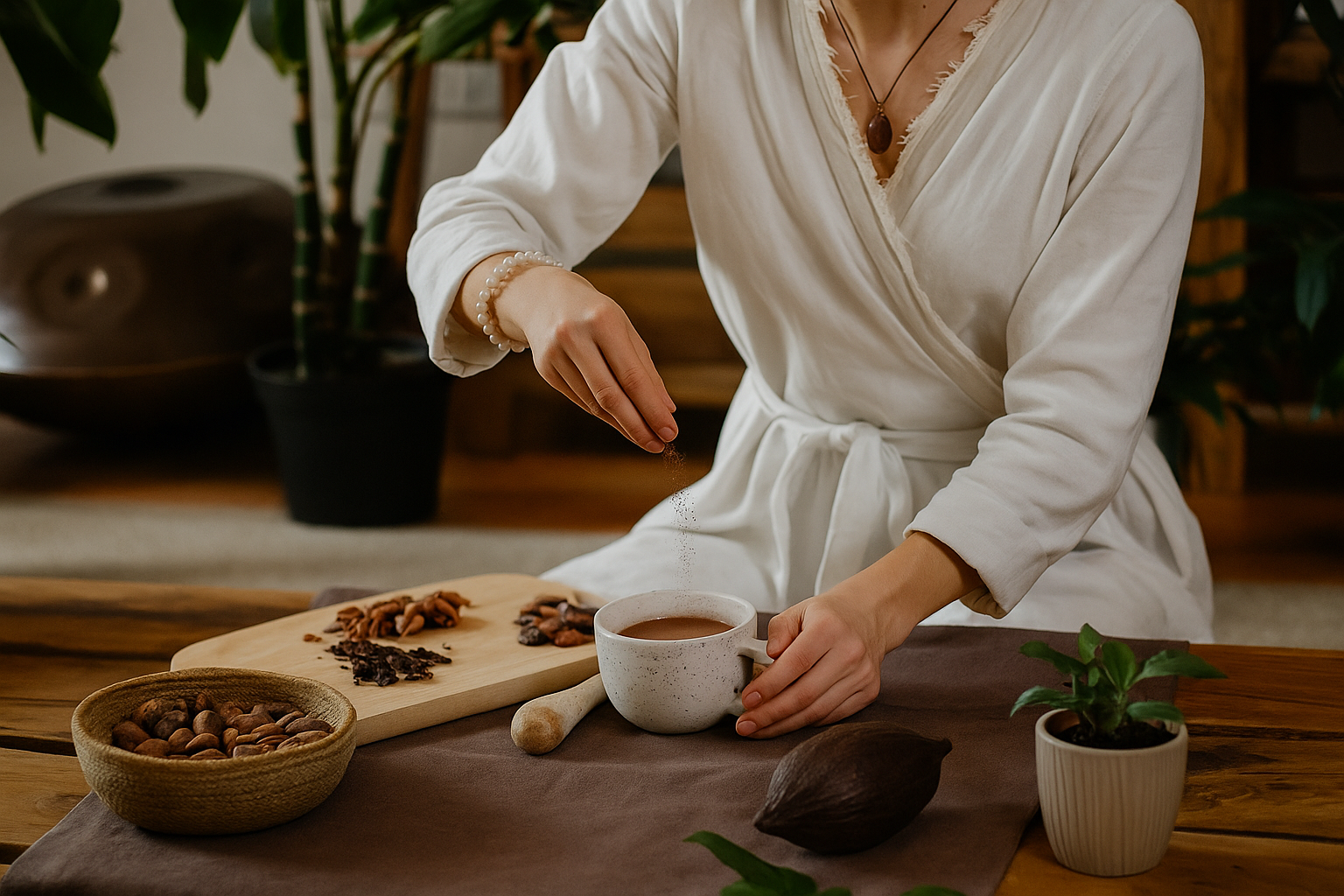 a woman in a robe is holding a cup of coffee