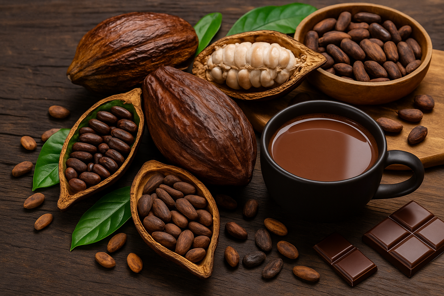 a cup of coffee and chocolate beans on a wooden table