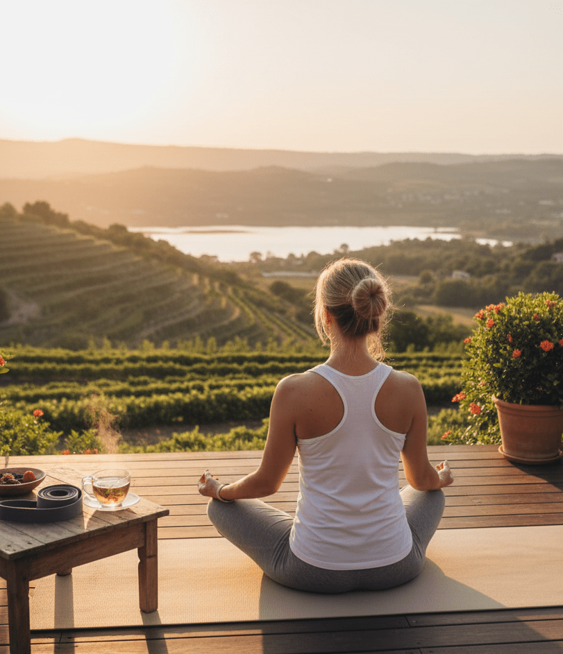 Sabine im Yoga sitz sitzend vor Landschaft