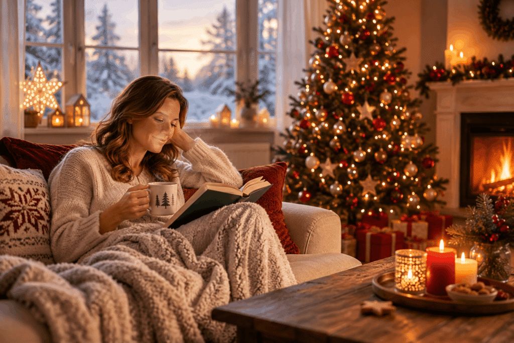 Frau entspannt mit Buch und Tasse vor dem Weihnachtsbaum – stressfrei durch die Adventszeit mit bewussten Ruhepausen.