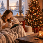 5 Tipps für eine entspannte Adventszeit Frau entspannt mit Buch und Tasse vor dem Weihnachtsbaum – stressfrei durch die Adventszeit mit bewussten Ruhepausen.