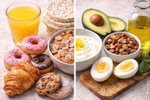 Ungesunde Lebensmittel wie Donuts, gezuckerte Frühstückszerealien, Reiswaffeln und Saft im Vergleich zu blutzuckerfreundlichen Lebensmitteln wie Eiern, Avocado, Nüssen, Naturjoghurt und Olivenöl zur Stabilisierung von Blutzucker und Insulin.