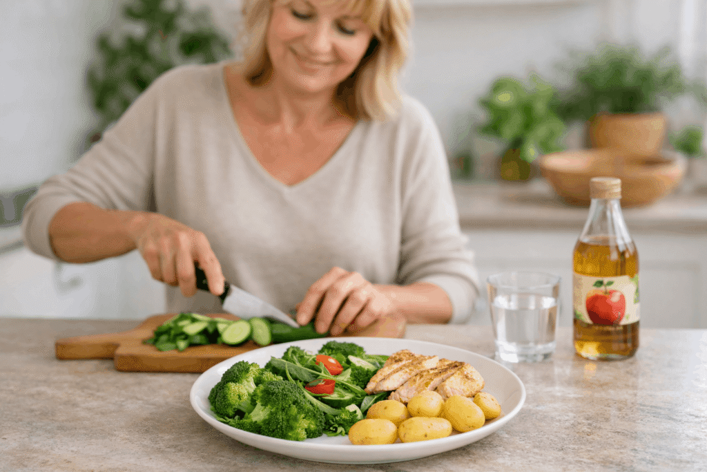 Frau in den Wechseljahren liegt entspannt im Bett bei warmem Abendlicht, ruhiges Schlafzimmer mit Pflanzen, Symbol für stabile Blutzuckerwerte und hormonelle Balance in der Nacht.