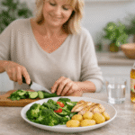 Kohlenhydrate in den Wechseljahren Frau in den Wechseljahren liegt entspannt im Bett bei warmem Abendlicht, ruhiges Schlafzimmer mit Pflanzen, Symbol für stabile Blutzuckerwerte und hormonelle Balance in der Nacht.