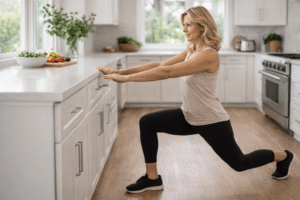 „Frau in den Wechseljahren macht Kniebeugen in der Küche, um durch Muskelaktivierung den Blutzucker nach dem Essen zu stabilisieren.
