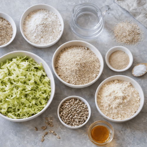 Zutaten für glutenfreies Zucchini-Brot: geraspelte Zucchini, Teffmehl, Maniokmehl, Buchweizenmehl, Flohsamenschalen, Sonnenblumenkerne und Hefe.