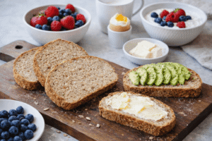 Angeschnittene Scheiben glutenfreies Zucchini-Brot mit Butter und Avocado, dazu frische Beeren und ein gesundes Frühstück.