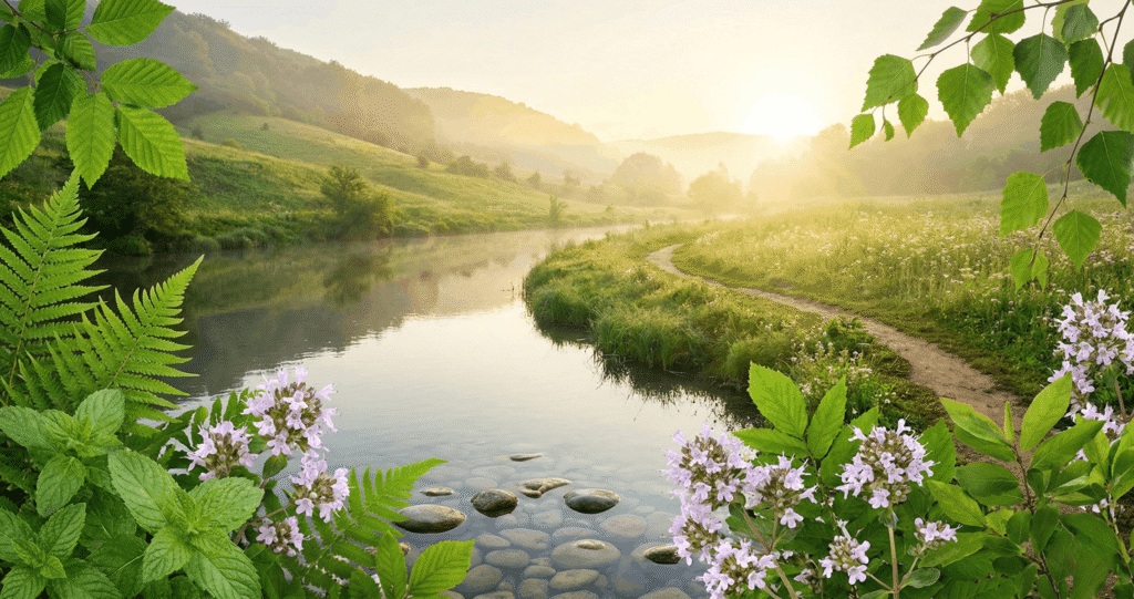 Lichtdurchflutete Flusslandschaft am Morgen mit grünen Wiesen und Heilkräutern, die für natürliche Regulation und hormonelle Balance steht.