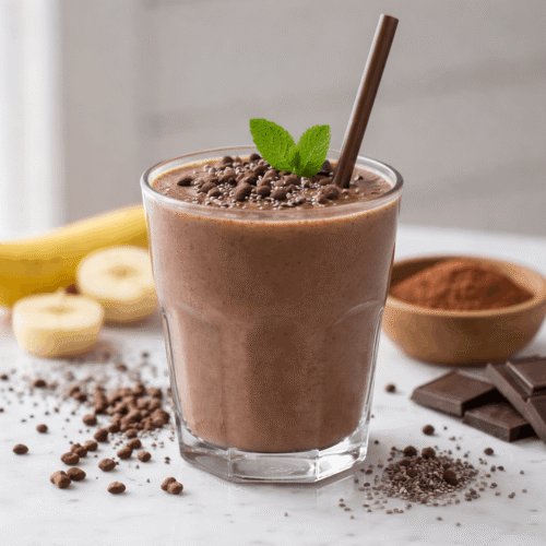 Schokoladen-Protein-Smoothie mit Kakao, Banane und Mandelmilch in einem Glas, dekoriert mit Kakaopulver und Bananenscheiben.