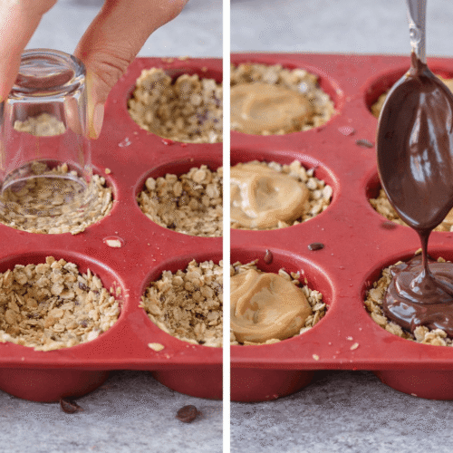 Zubereitung von Granola Cups ohne Zucker in einer Silikon-Muffinform – Hafer-Nuss-Masse wird eingedrückt, mit Nussmus gefüllt und mit dunkler Schokolade übergossen.