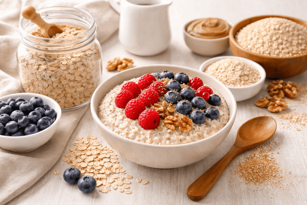 Haferflocken mit Beeren, Nüssen und Nussmus in einer Schüssel, daneben verschiedene Haferflockenarten wie Grobblattflocken und Haferkleie auf einem Holztisch angerichtet