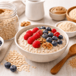 Haferflocken mit Beeren, Nüssen und Nussmus in einer Schüssel, daneben verschiedene Haferflockenarten wie Grobblattflocken und Haferkleie auf einem Holztisch angerichtet