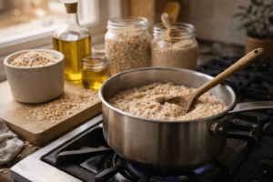 Haferflocken werden in einem Topf auf dem Herd gekocht, daneben stehen Öl und verschiedene Haferflockenarten in Gläsern