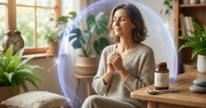 Eine entspannte Frau (40-55) sitzt in einem lichtdurchfluteten Raum mit geschlossenen Augen. Sie ist von einem schützenden, blauen Magnesium-Energiefeld umgeben, an dem stressige, rote Symbole abprallen. Rechts steht ein Holztisch mit einer Nährstoff-Flasche und Pflanzen. Visualisierung von Stressresistenz und hormoneller Balance.
