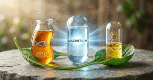 Eine harmonische Anordnung von drei Nährstoffen auf einem Steintisch, die das Team-Prinzip visualisieren: In der Mitte eine leuchtende Magnesium-Kapsel, verbunden durch Lichtstrahlen mit Omega-3 (links, Fischsymbol) und Vitamin D (rechts, Sonnensymbol). Ein Spinatblatt umschließt die Gruppe.