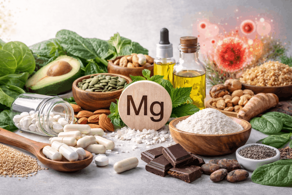 Magnesium bei Entzündungen – magnesiumreiche Lebensmittel wie Nüsse, Samen, grünes Gemüse sowie Magnesium Kapseln und Pulver
