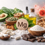 Magnesium bei Entzündungen – Wirkung, Symptome und richtige Anwendung Magnesium bei Entzündungen – magnesiumreiche Lebensmittel wie Nüsse, Samen, grünes Gemüse sowie Magnesium Kapseln und Pulver