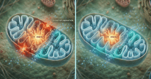 Mikroskopischer Vorher-Nachher-Vergleich einer menschlichen Zelle: Links zeigt eine entzündete Zelle mit roten Bereichen (Stille Entzündung) und geringer Energieproduktion. Rechts zeigt die durch Magnesium reparierte Zelle mit gesundem blauen Leuchten und starker ATP-Energieproduktion.